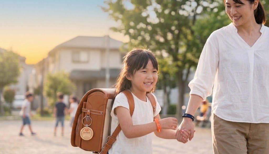 親子でバンドとキーホルダーを装着して歩く利用シーン